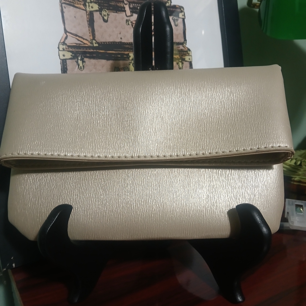 Neiman Marcus Metallic Champagne Fold-Over Clutch